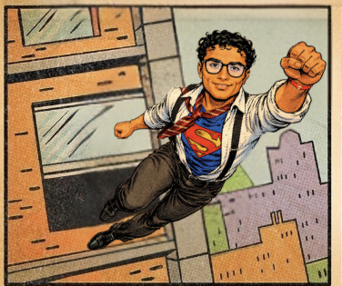 Comic illustration of Damian flying above a city in a Superman costume