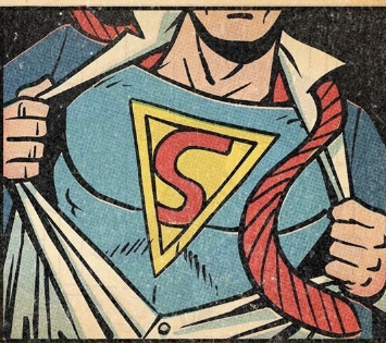 Vintage comic illustration of Superman revealing the emblem beneath his shirt