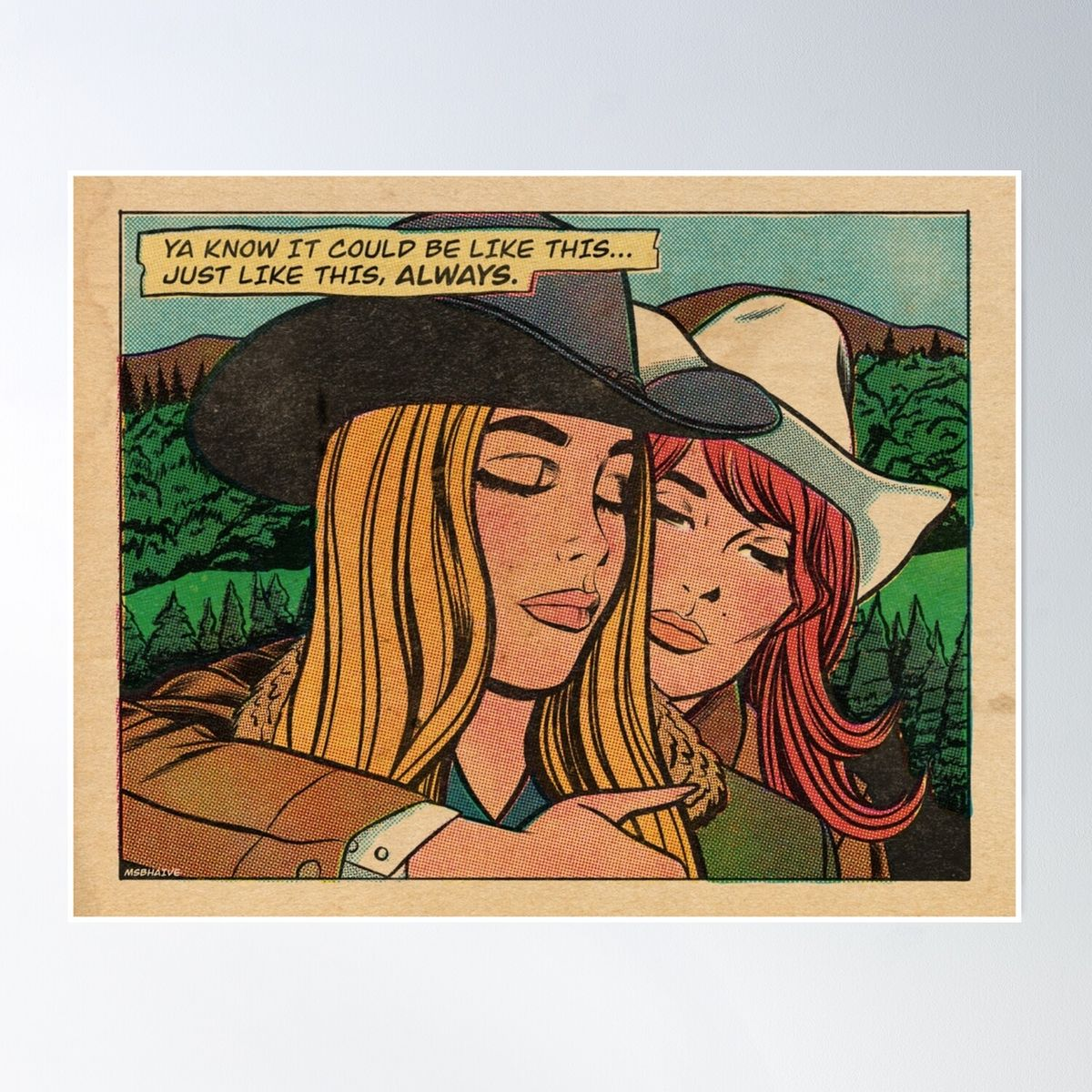 Comic-style artwork of two cowgirls embracing beneath a caption about staying together