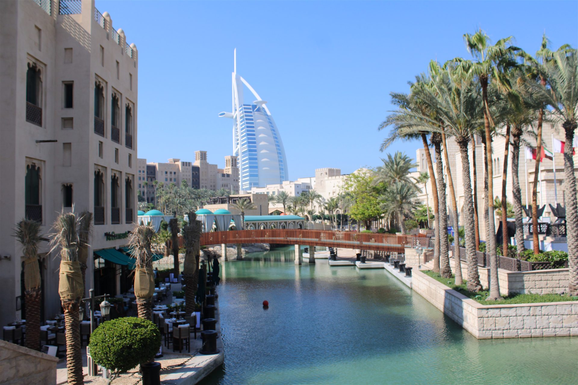 Burj Al Arab framed by palms and waterways