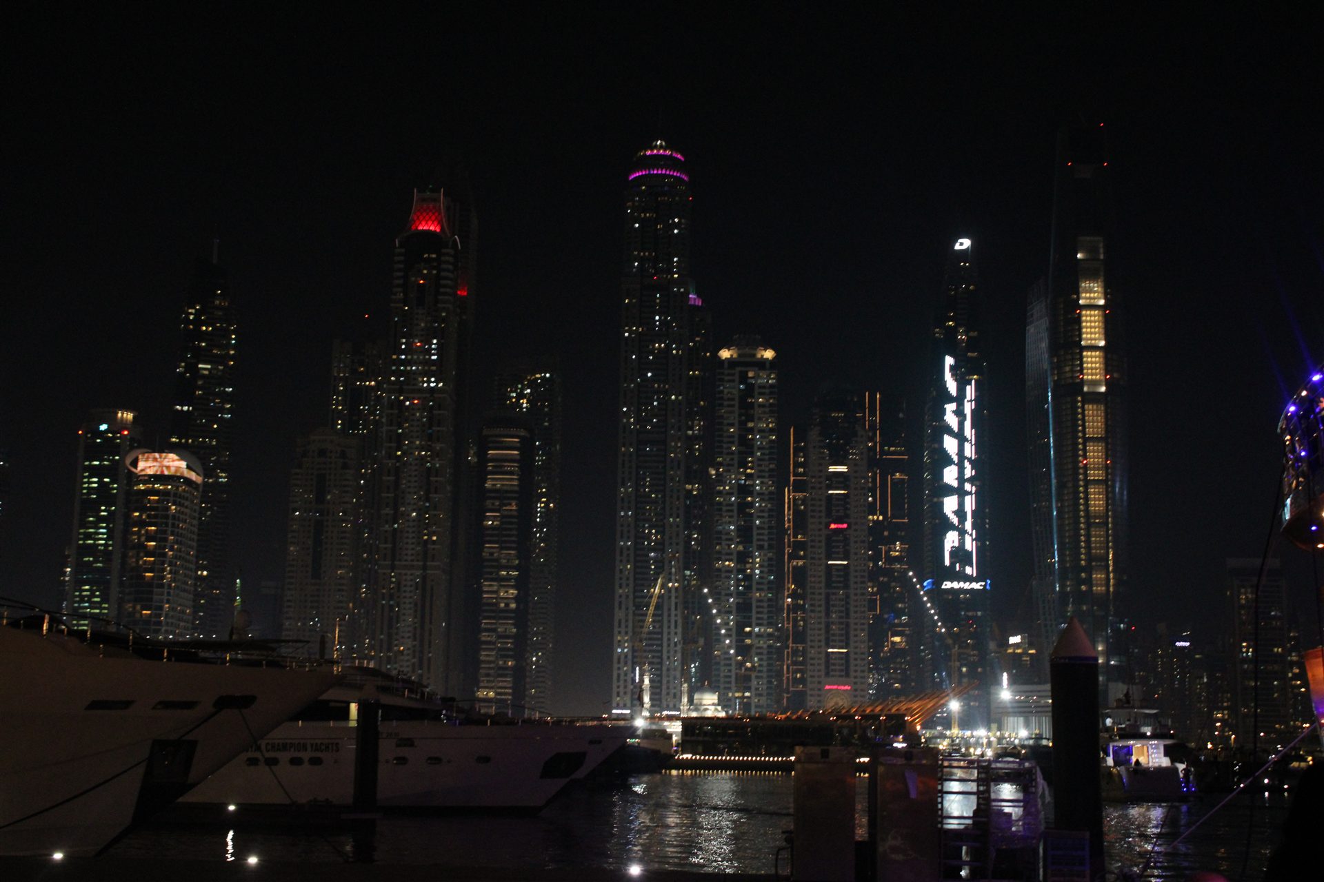 Dubai Marina skyline glowing at night