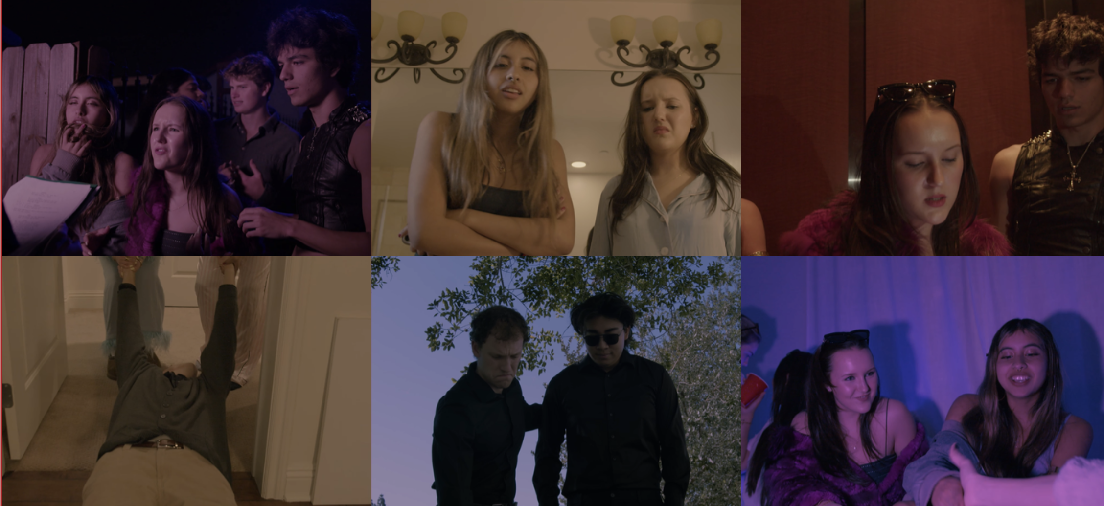Six dramatic stills from Who the Hell Is George? showing the roommates, a party, and the aftermath